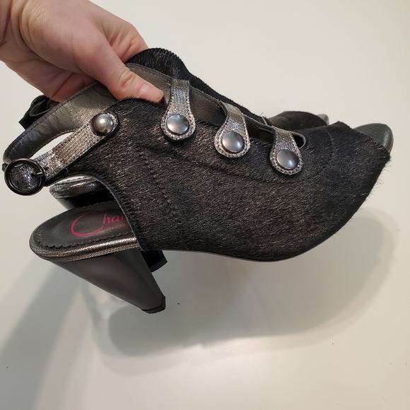 Chanii B 39 Heels Honey Black Platinum open toe sandal Strappy Military Silver - Picture 3 of 16